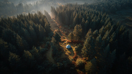 Tent nestled in clearing among dense pine forest at dawn