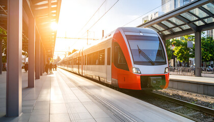 Naklejka premium Modern Train Arriving at Station.