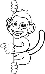 A monkey cartoon character animal behind a sign peeking around and pointing at it