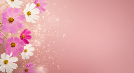 Naklejka premium A beautiful diagonal arrangement of cosmos flowers with glowing bokeh, creating a floral frame on a pink background.