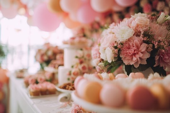 Flower themed event decor for weddings and kids parties including sweets and bouquets Film style textured and blurry