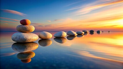 Sunset painting the sky over a coastal landscape, with a beautiful reflection of the sun on the water, highlighting the stones on the beach and in the clear blue sea