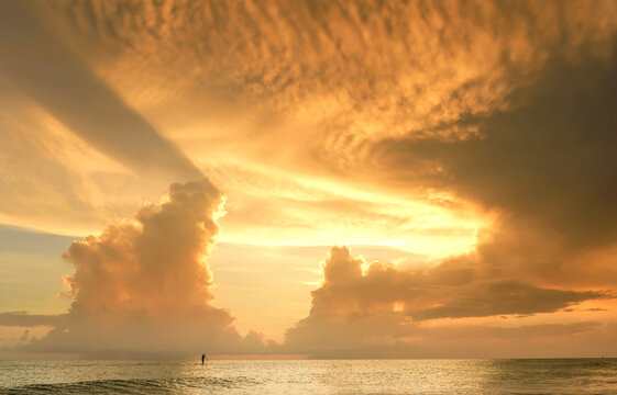 Silhouette paddle boarder golden sunset Gulf of Mexico Anna Mari