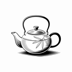 Elegant black and white teapot illustration with bamboo leaves design perfect for tea time promotions and graphic design projects