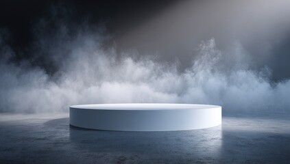 Obraz premium Empty white circular podium on dark concrete floor, smoky background