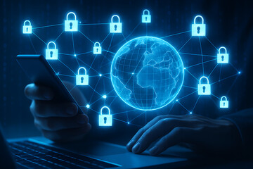 Cybersecurity data protection system with glowing digital locks and global internet security network