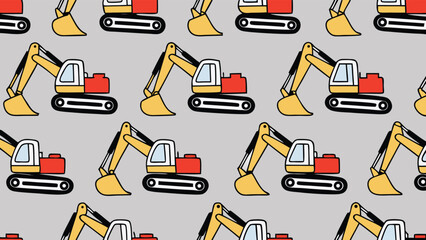 Repeated pattern of yellow and red excavators on a gray background with black outlines and details
