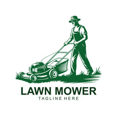 Vintage Lawn Mower Logo &ndash; Retro Grass Cutting Worker Vector Emblem Design