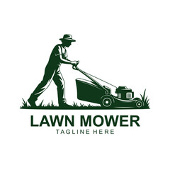 Vintage Lawn Mower Logo &ndash; Retro Grass Cutting Worker Vector Emblem Design
