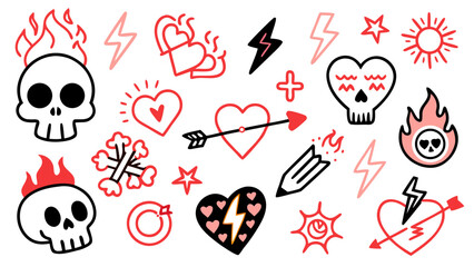 Doodle Grunge Punk Rock Vector Icon Set - Crayon Hand Drawn Graffiti Kit
