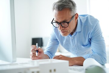 Architect reviewing blueprints and architectural model in office for construction project