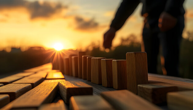 Backlit business man stopping abstract wooden domino blocks on bright sunset sky background with mock up place. Crisis, recession and challenge concept