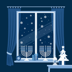 Hanukkah celebration illustration with menorahs and winter landscape festive holiday scene for graphic design and decoration