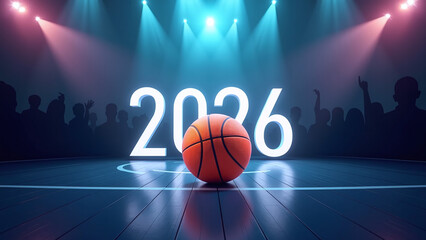 Obraz premium Basketball sits below glowing “2026” sign. 🏀✨ 