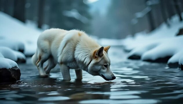 freepik akita drinking water from a cold mountain stream