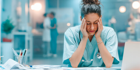Healthcare professional overwhelmed by crisis in dimly lit hospital room