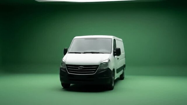 Modern White Delivery Van Rotating on Green Background, Studio Shot