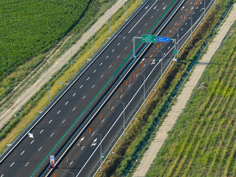 A7 Romania highway. New bridge over Buzau river on A7 Moldova highway from Bucharest to Suceava. Roads of Romania. A7 high speed road. Transportation industry.