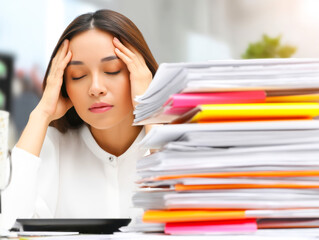 Tired woman overwhelmed by stress and fatigue while managing a mountain of documents at work