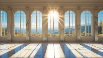 Fototapeta premium Sunlight streams through grand arched windows illuminating a spacious room with a scenic view