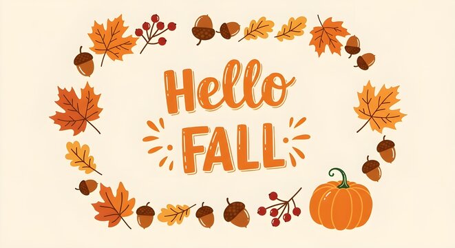 Hello Fall Wreath with Seasonal Leaves Great for fall greetings, seasonal sales, and invitations.