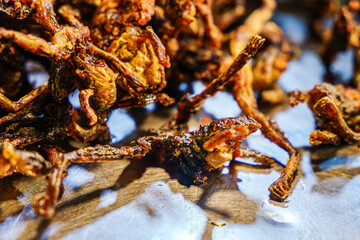 Close-up of golden fried reptiles, showcasing crunchy skin and rich seasoning. This exotic protein snack holds cultural significance in traditional Thai street food.