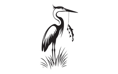 Fototapeta premium Heron Silhouette with Fish Elegant Bird Vector Art Design