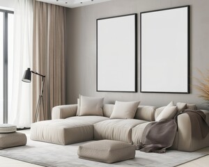Minimalist living room with a sectional sofa. two large empty frames. a floor lamp. and a throw blanket