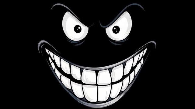 Disembodied evil grin with large white teeth and menacing eyes in the dark. Jump scare cartoon face.