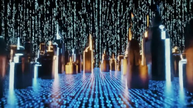 Digital city, binary code, futuristic