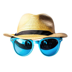 Light beige straw fedora with bright blue sunglasses