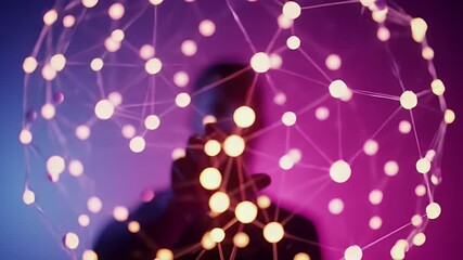 Abstract Network Connection Overlaid on Silhouette Hand on Purple and Blue Gradient Background Representing Modern Digital Communication - Powered by Adobe