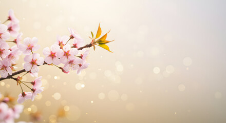 Fototapeta premium Delicate pastel cherry blossoms blooming on a branch against a soft, misty background with golden bokeh lights.
