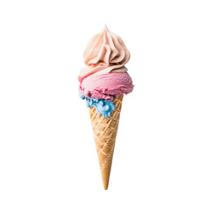 Two-scoop ice cream cone.  A light beige/pink swirl and a vibrant pink/purple swirl of ice cream atop a waffle cone.  Perfect summer dessert