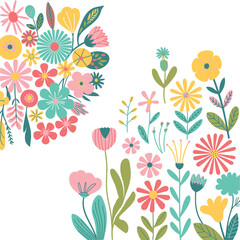 Plant drawing illustration - a vibrant vector illustration of various hand-drawn spring flowers and leaves
