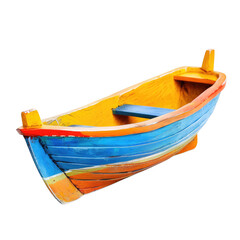 Colorful wooden rowboat, angled view