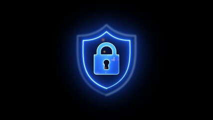 Glowing security shield icon with lock icon isolated . neon lock icon, data security icon animation , neon sign . - Powered by Adobe