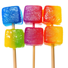 Six colorful, square lollipops, arranged in a grid pattern, with wooden sticks. Vivid hues of rainbow colors, gradient shades
