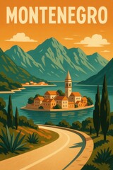 Illustrated poster of Montenegro with a curving road leading to a coastal village surrounded by mountains and water under a warm orange sky