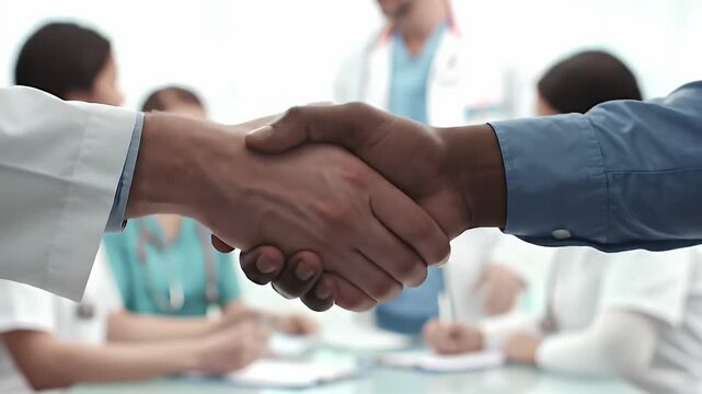 Diverse Medical Team Handshake in Bright Office Setting with Doctors in White Coats and Blue Shirt During Meeting