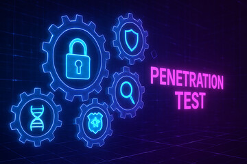 Obraz premium 3D digital illustration of cogwheels with cyber defense icons and central padlock labeled 'Penetration Test', representing advanced software testing lifecycle in secure digital infrastructure 