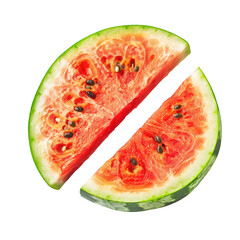 Two watermelon slices, perfectly cut in half, forming a circle.  Bright red flesh, contrasting with green rind, and small black seeds are visible.  Isolated on a black background