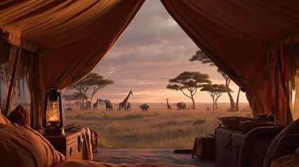 Sunrise view of African savanna wildlife from within a luxurious safari tent, showcasing giraffes, elephants, and acacia trees at dawn.  A vintage-style lantern and luggage are visible inside