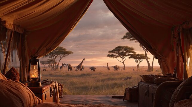 Fototapeta Sunrise view of African savanna wildlife from within a luxurious safari tent, showcasing giraffes, elephants, and acacia trees at dawn.  A vintage-style lantern and luggage are visible inside