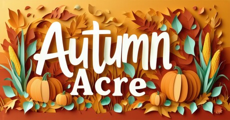 Autumn scene features text, pumpkins, corn, leaves. Warm colors dominate design, evoking fall harvest vibes. Festive, inviting imagery.
