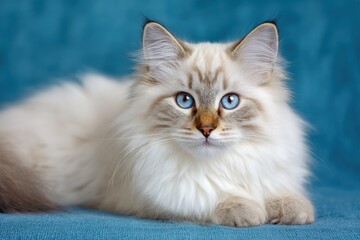 Siberian Neva Masquerade purebred hypoallergenic blue eyed kitten on a solid blue background
