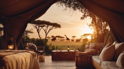 Luxurious safari tent interior with sunrise view showcasing giraffes and elephants grazing on the African savanna.  The scene is warm, inviting, and tranquil