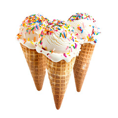Three ice cream cones, topped with sprinkles, in a group
