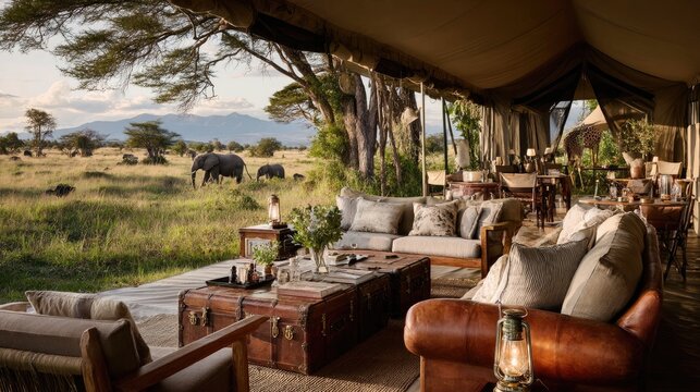 Luxurious safari camp patio with comfortable seating overlooks a savanna landscape featuring elephants in the distance, mountains in the background under a partly cloudy sky at sunset - Powered by Adobe