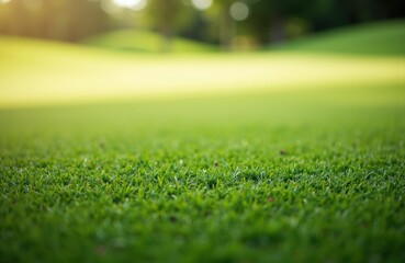Naklejka premium Lush green grass on a well-maintained lawn with a blurred background of trees and sunlight